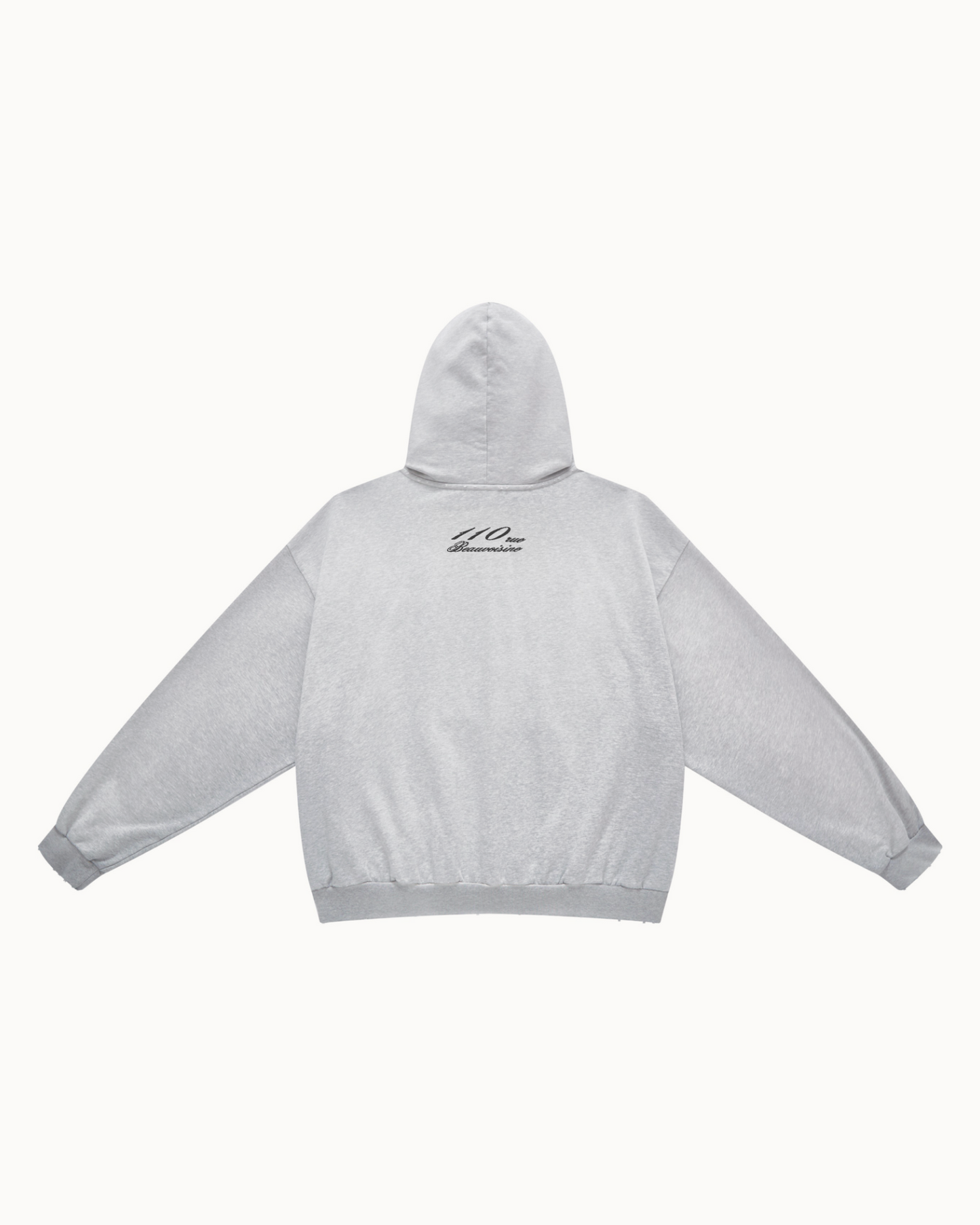 Heather grey reversible hoodie, back view with the 110 rue Beauvoisine lettering