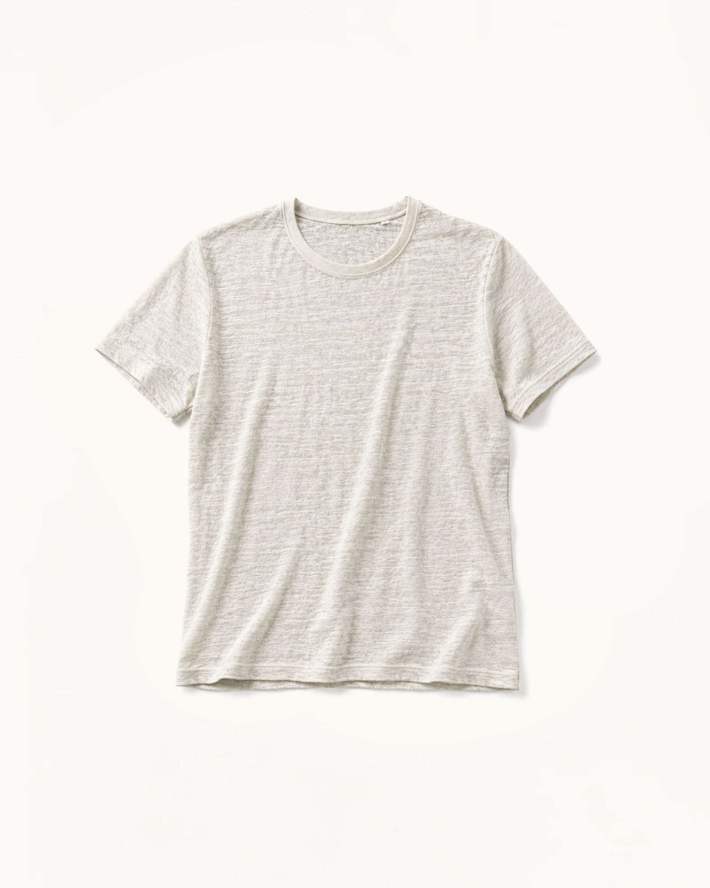 Natural écru slub linen tee, front view with the bound crew neckband