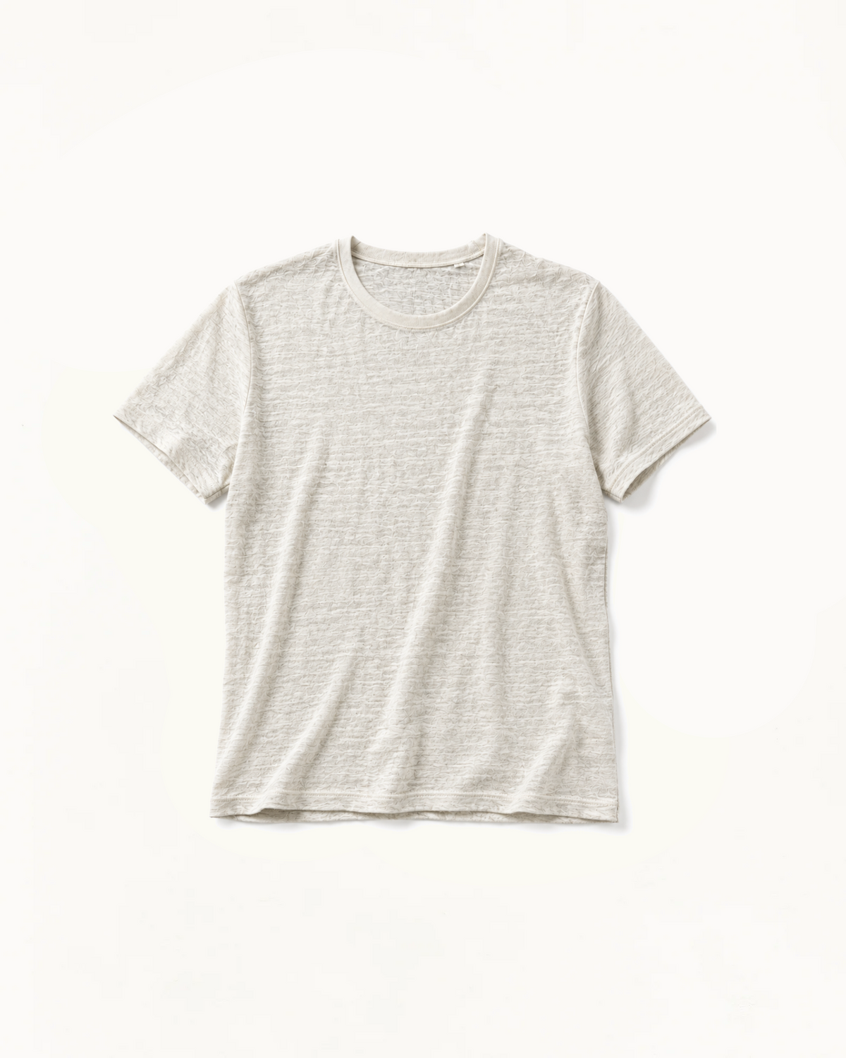Natural écru slub linen tee, front view with the bound crew neckband