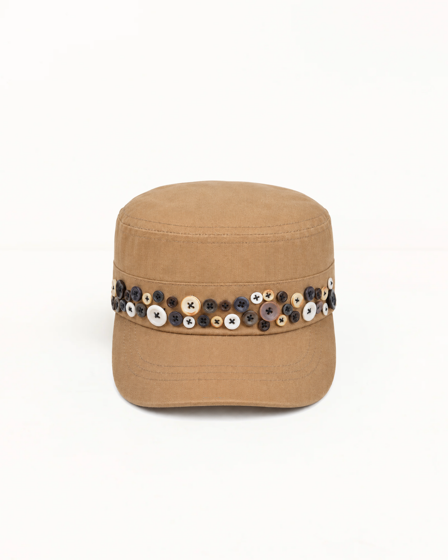 Camel herringbone twill cadet cap, band set with mismatched pearl and horn buttons