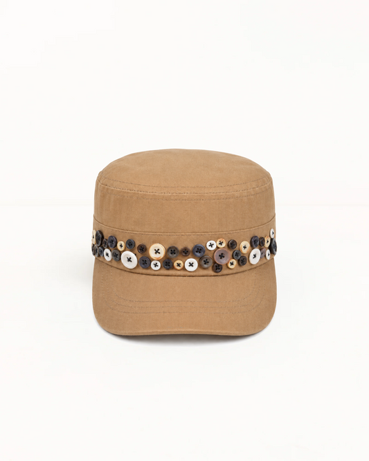 Camel herringbone twill cadet cap, band set with mismatched pearl and horn buttons