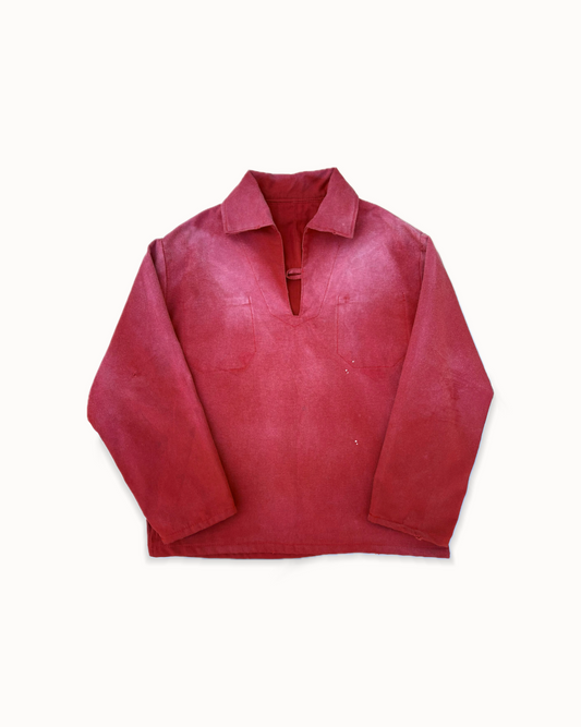Burgundy cotton canvas vareuse, front view with open collar and two chest pockets