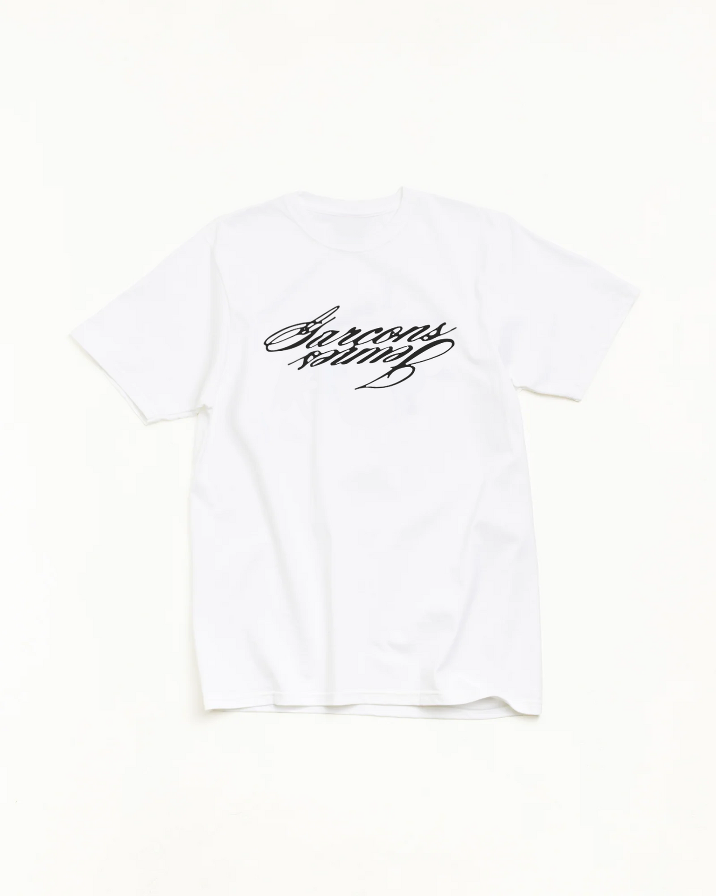 White tee, front view with the Garçons Jeunes script printed doubled and mirrored at the chest